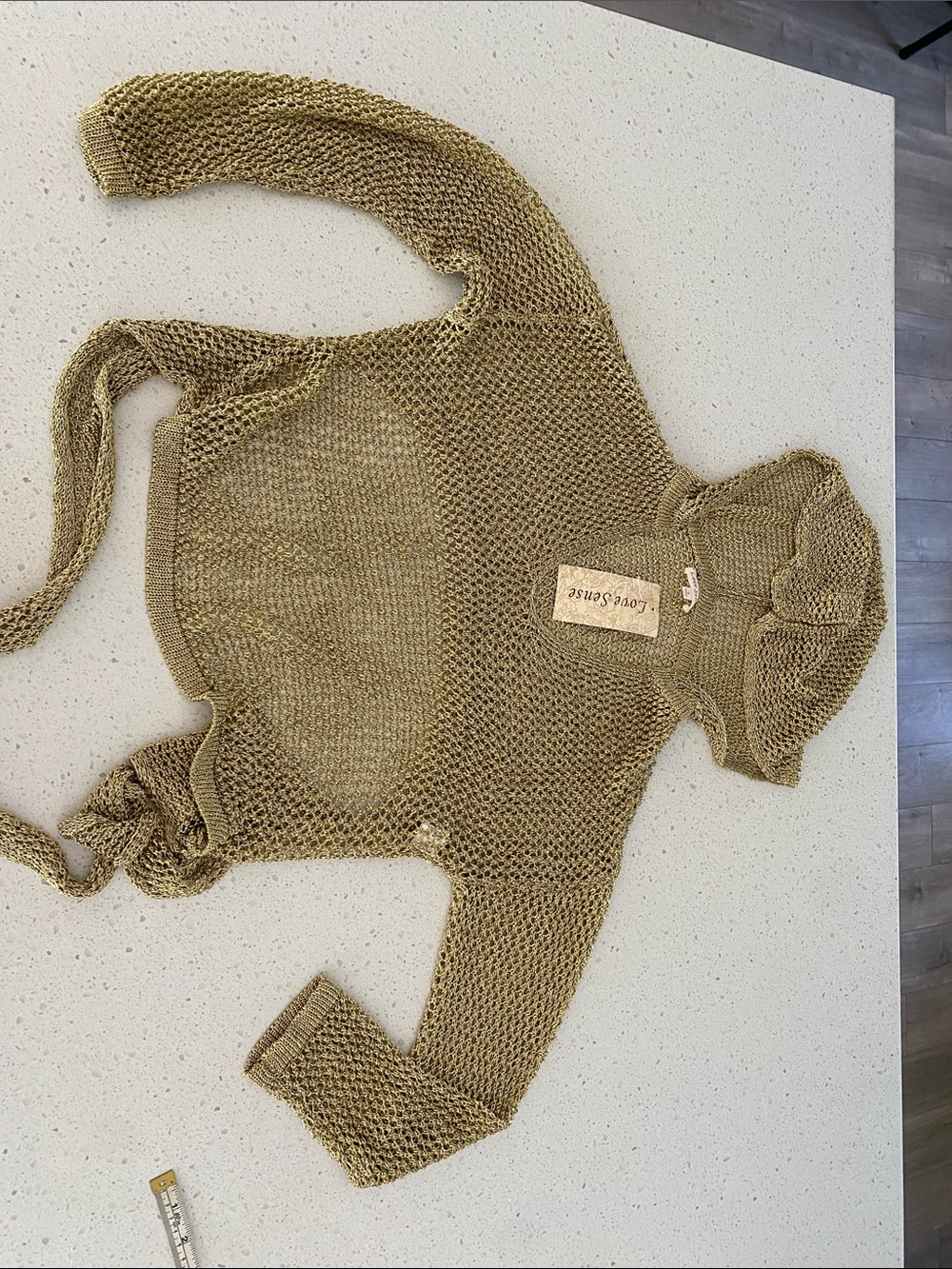 Open-Weave Hooded Knit wrap tie Top metallic gold mesh sheer festival